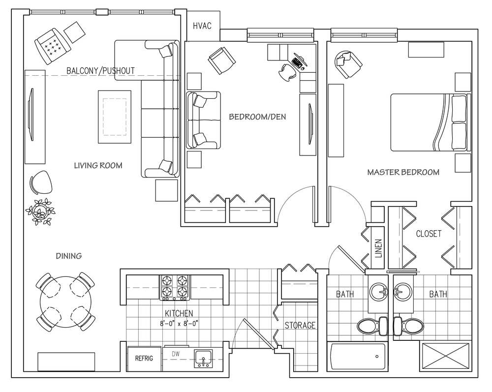 Floor Plan Two Bedroom Traditional 1627 xl