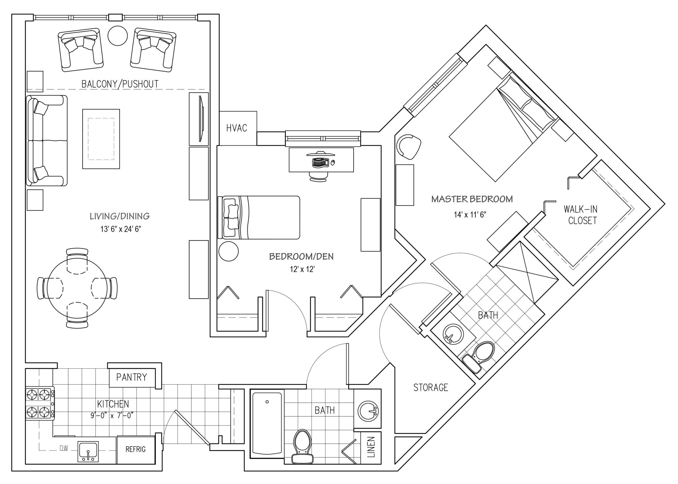 Laurel Lake plan Two Bedroom Corner Pushout Furnished